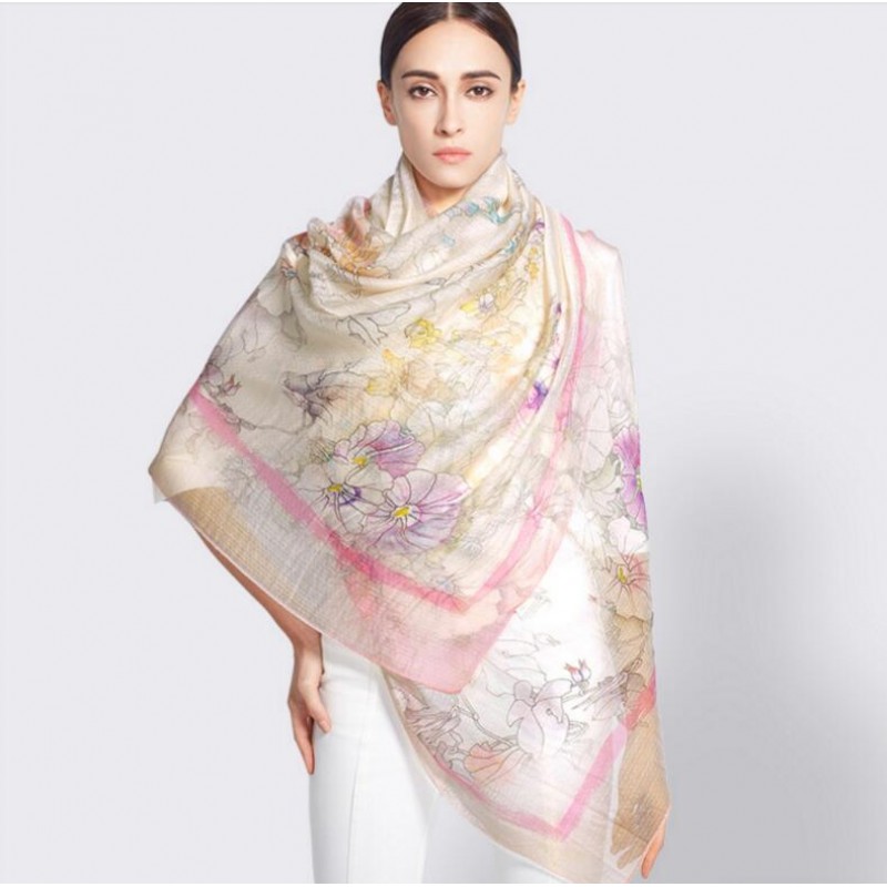 Wool Silk Scaves Beige Embroidery Women Summer Scarf